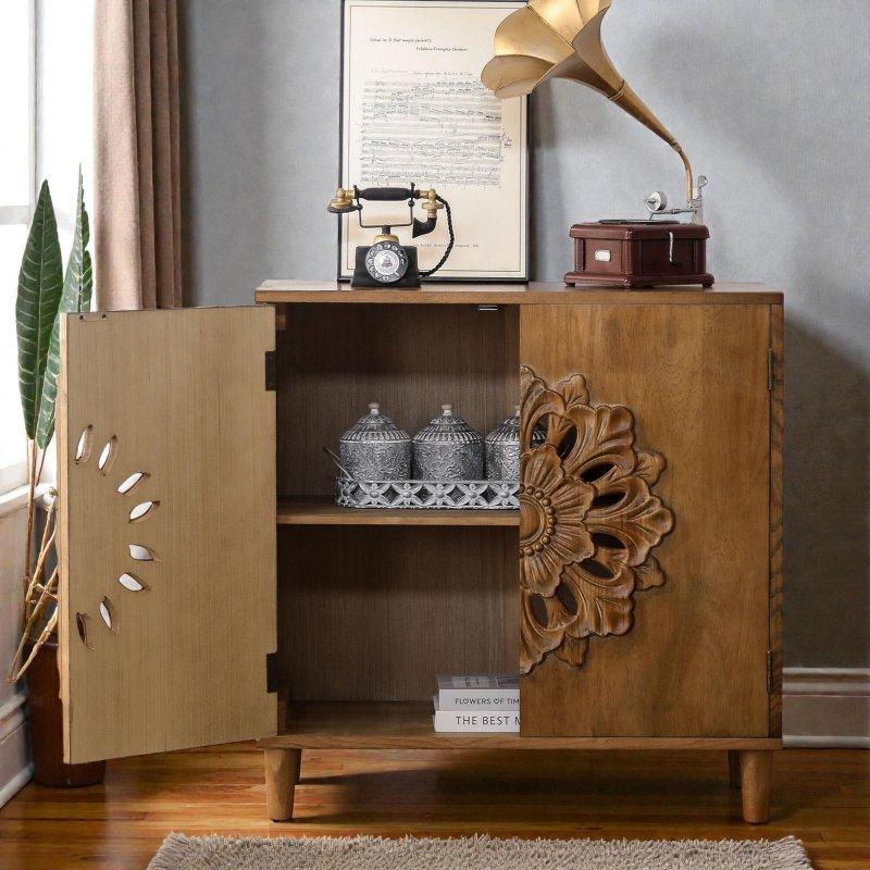 Kahverengi Ahşap El Oyması Çiçek Desenli 2 Kapaklı Bohem Konsol - 79x39x81 cm - 325584