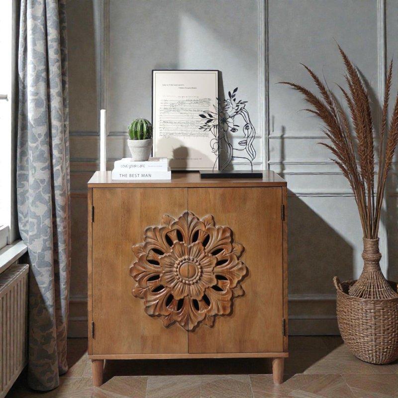 Kahverengi Ahşap El Oyması Çiçek Desenli 2 Kapaklı Bohem Konsol - 79x39x81 cm - 325584 Kahverengi Ahşap El Oyması Çiçek Desenli 2 Kapaklı Bohem Konsol - 79x39x81 cm - 325584