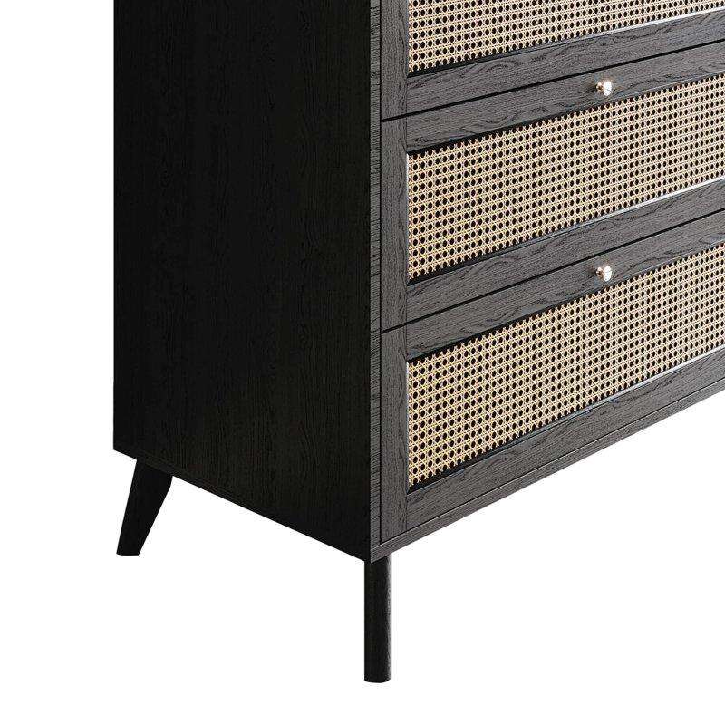 Kahverengi Ahşap Hasır Panelli 5 Çekmeceli Şifonyer - 44 cm - 301810