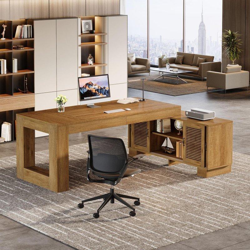 Kahverengi Ahşap İki Dolaplı Raflı L Tipi Ofis Masası - 161x81 cm - 326444