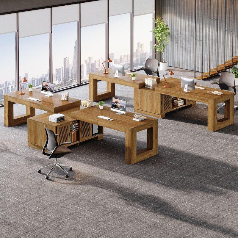 Kahverengi Ahşap İki Dolaplı Raflı L Tipi Ofis Masası - 161x81 cm - 326444