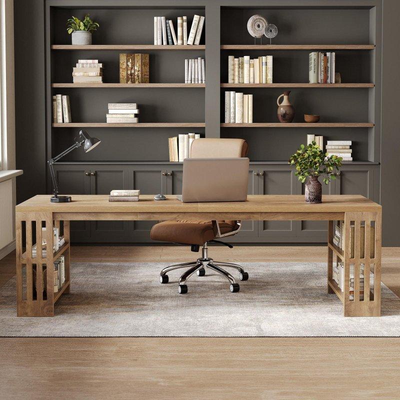 Kahverengi Ahşap İki Kişilik Kitaplıklı Ofis Masası - 200x60 cm - 327979