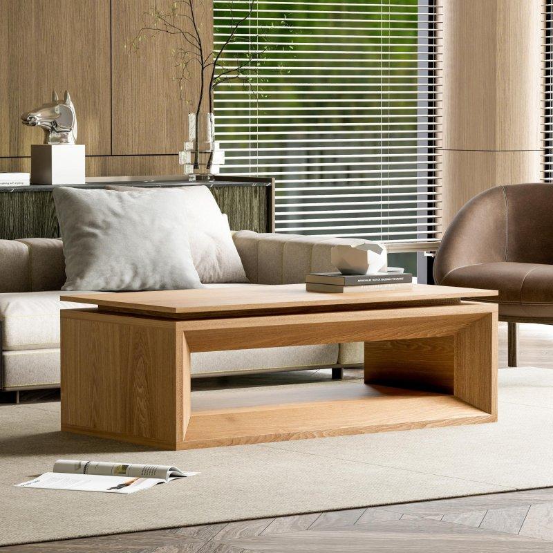 Kahverengi Ahşap Kaplama MDF Kalkar Tablalı Gizli Bölmeli Akıllı Sehpa - 111x60 cm - 254169