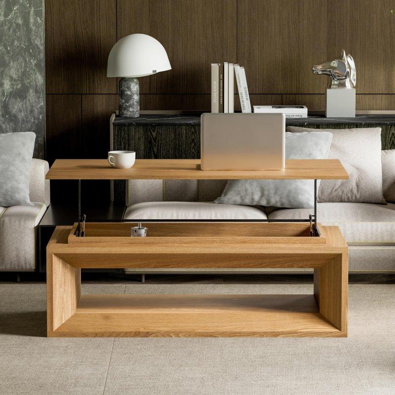 Kahverengi Ahşap Kaplama MDF Kalkar Tablalı Gizli Bölmeli Akıllı Sehpa - 111x60 cm - 254169