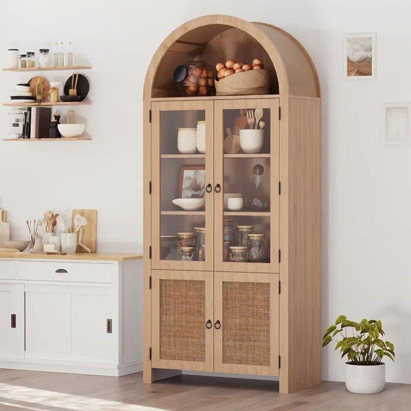 Kahverengi Ahşap Kemerli Rattan Kapaklı 6 Raflı Cam Kapaklı Kitaplık - 181 cm - 239399