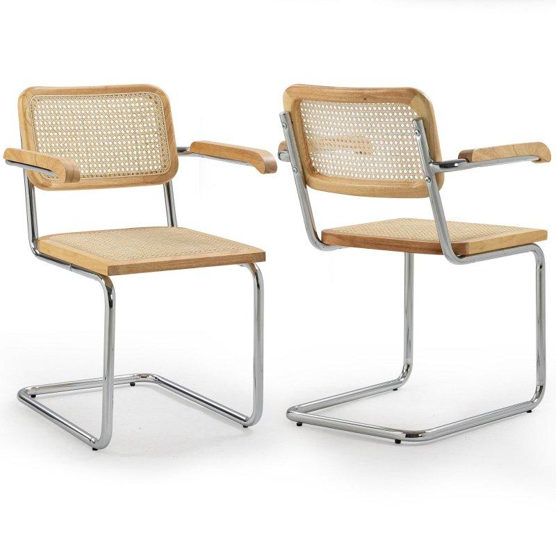 Kahverengi Ahşap Kollu Krom Ayaklı 2li Set Rattan Sandalye - 252244