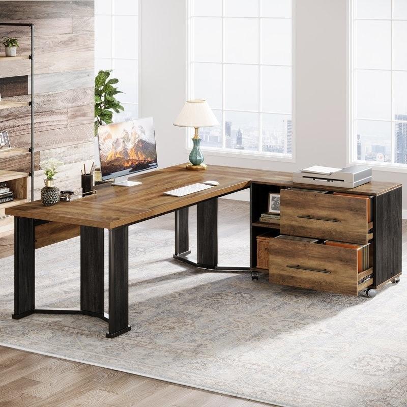 Kahverengi Ahşap L Tipi Çekmeceli Mobil Kesonlu Ofis Masası - 180 cm - 327679