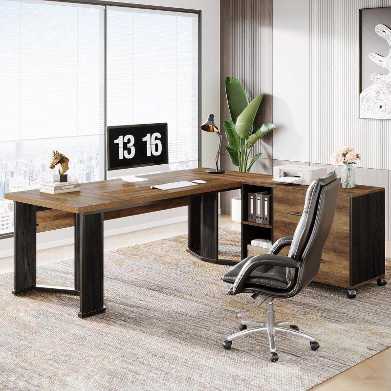 Kahverengi Ahşap L Tipi Çekmeceli Mobil Kesonlu Ofis Masası - 180 cm - 327679