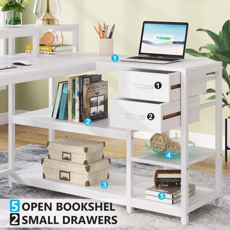 Kahverengi Ahşap L Tipi Raflı Çekmeceli ve Monitör Standlı Ofis Masası - 327069
