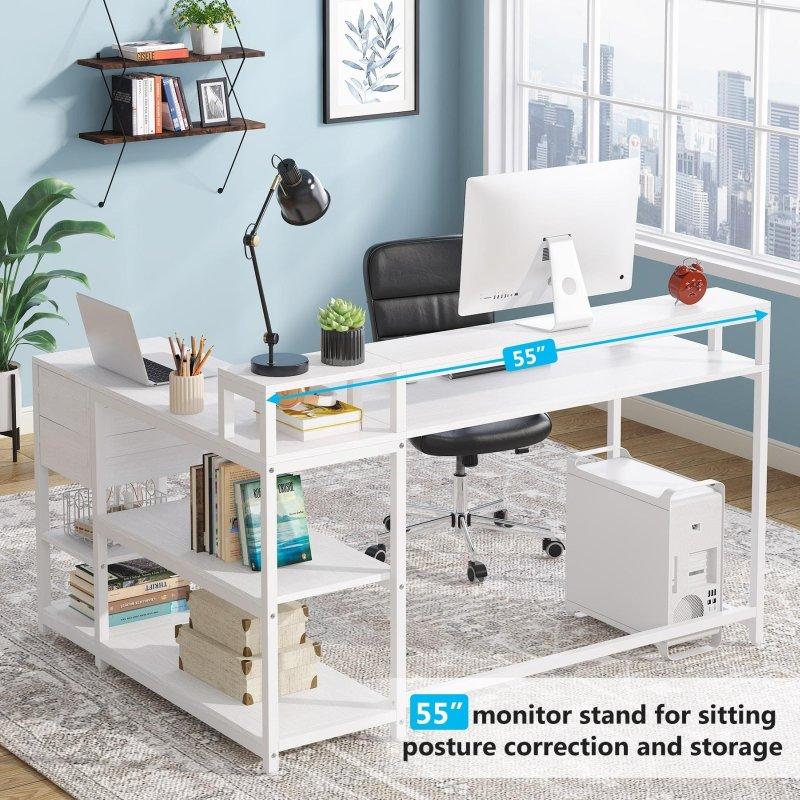 Kahverengi Ahşap L Tipi Raflı Çekmeceli ve Monitör Standlı Ofis Masası - 327069