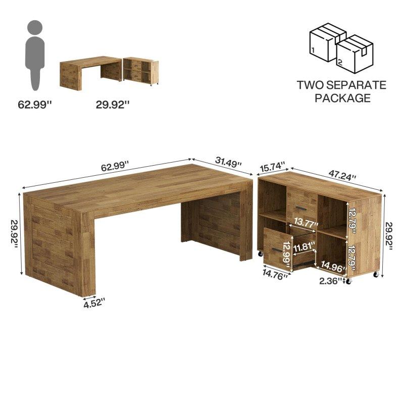 Kahverengi Ahşap L Tipi Tekerlekli Dosya Dolaplı Ofis Masası - 161x81 cm - 326281