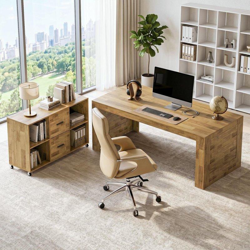 Kahverengi Ahşap L Tipi Tekerlekli Dosya Dolaplı Ofis Masası - 161x81 cm - 326281