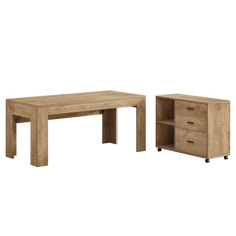 Kahverengi Ahşap L Tipi Tekerlekli Dosya Dolaplı Ofis Masası - 161x81 cm - 327388