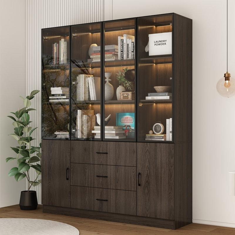 Kahverengi Ahşap LED Aydınlatmalı Çekmeceli Cam Kapaklı Kitaplık - 200x160 cm - 238626
