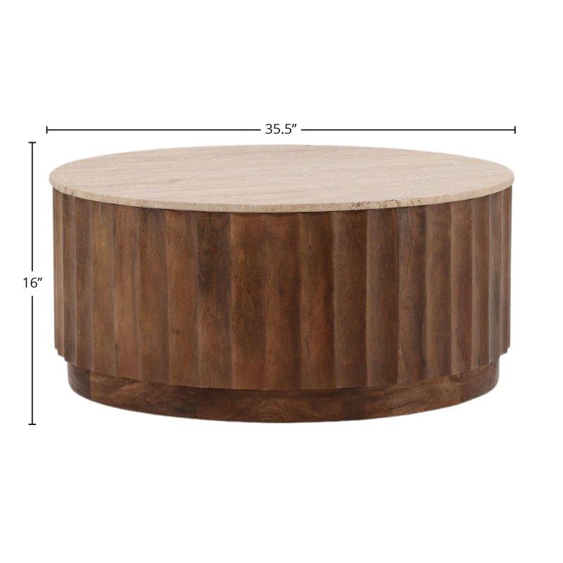 Kahverengi Ahşap Mermer Tablalı El Yapımı Tambur Yuvarlak Orta Sehpa - 91x41 cm - 242180