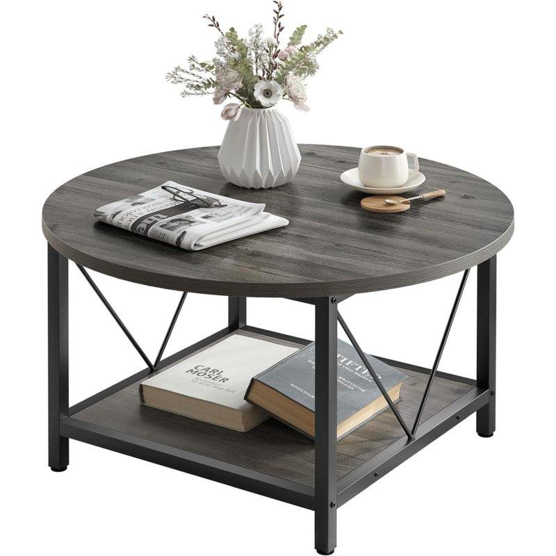 Kahverengi Ahşap Raflı Metal Endüstriyel Yuvarlak Orta Sehpa - 81 cm - 242100