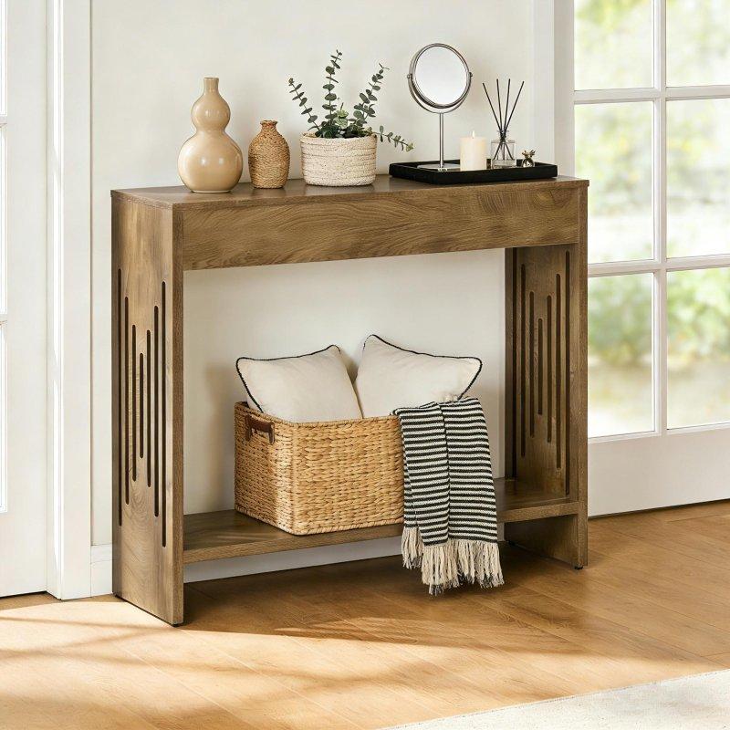Kahverengi Ahşap Raflı Yivli Ayaklı Dresuar - 106 cm - 331476
