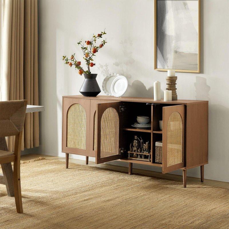 Kahverengi Ahşap Rattan 4 Kapaklı Metal Ayaklı Bohem Konsol - 161 cm - 324681