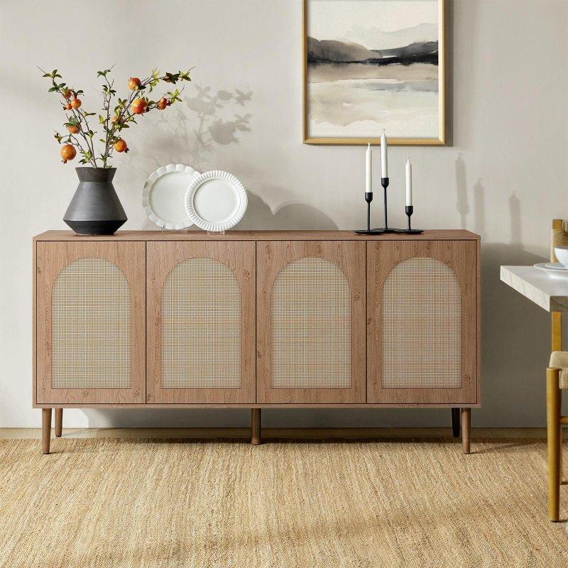 Kahverengi Ahşap Rattan 4 Kapaklı Metal Ayaklı Bohem Konsol - 161 cm - 324681