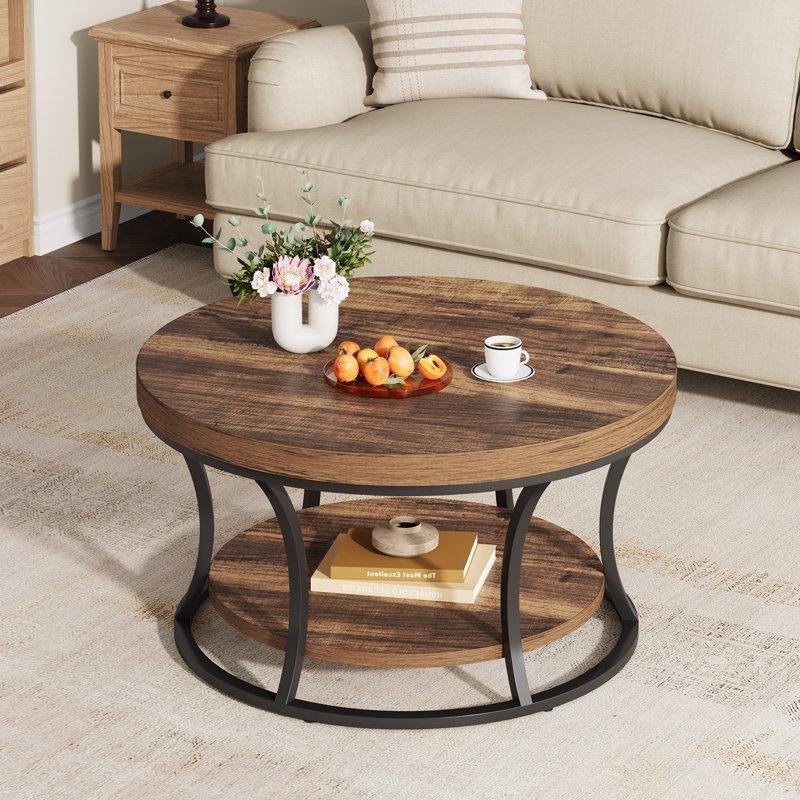 Kahverengi Ahşap Siyah Metal 2 Raflı Yuvarlak Orta Sehpa - 80 cm - 244156