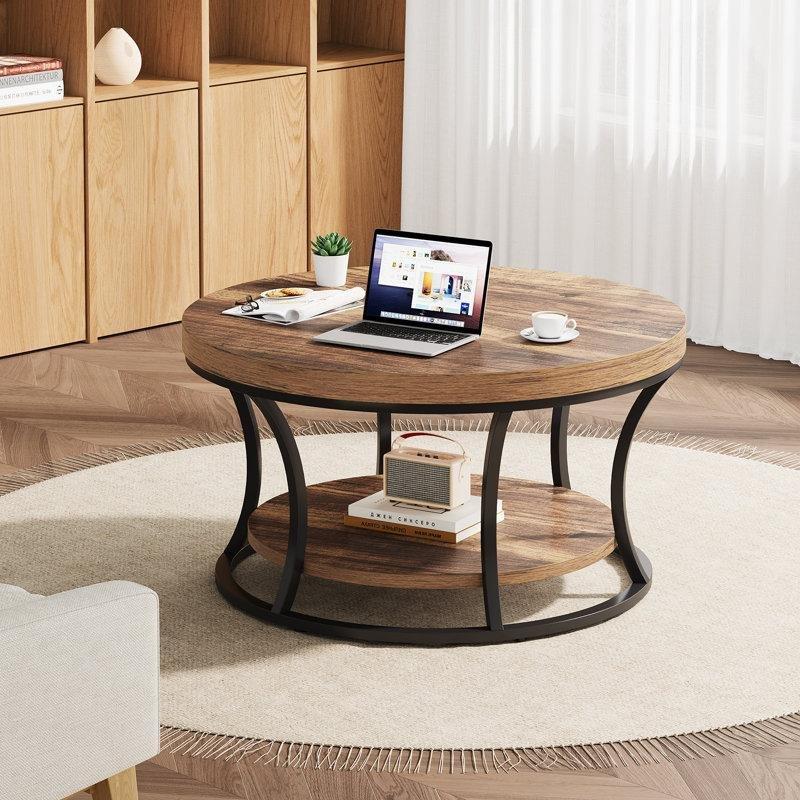 Kahverengi Ahşap Siyah Metal 2 Raflı Yuvarlak Orta Sehpa - 80 cm - 244156