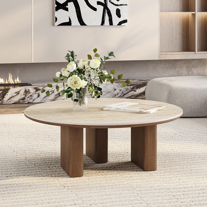 Kahverengi Ahşap Taş 3 Ayaklı Yuvarlak Orta Sehpa - 90 cm - 243427