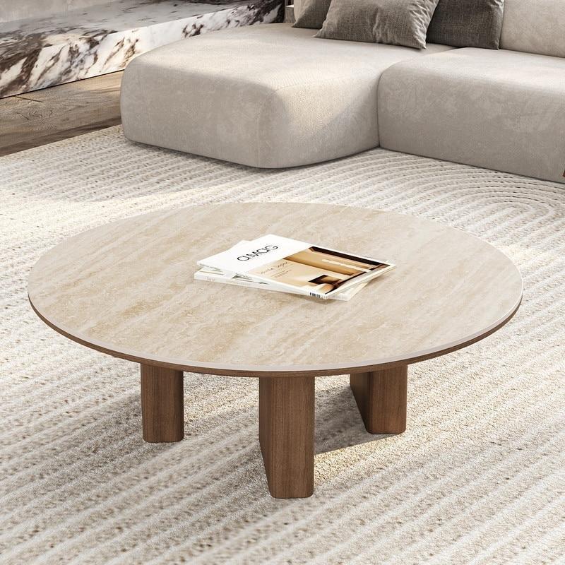 Kahverengi Ahşap Taş 3 Ayaklı Yuvarlak Orta Sehpa - 90 cm - 243427