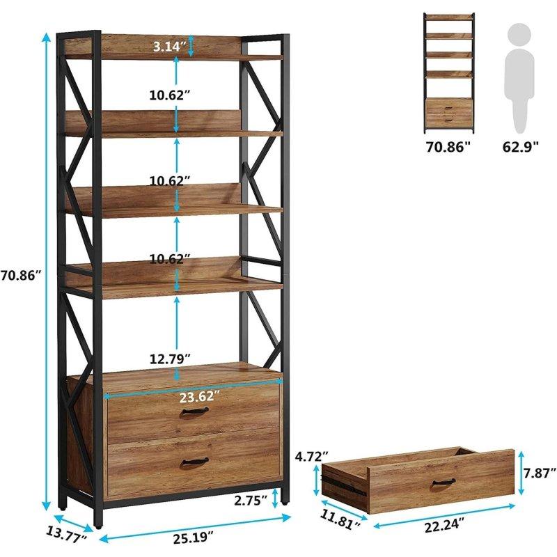 Kahverengi Ahşap ve Metal 5 Raflı 2 Çekmeceli Asimetrik Endüstriyel Kitaplık - 181 cm - 312358