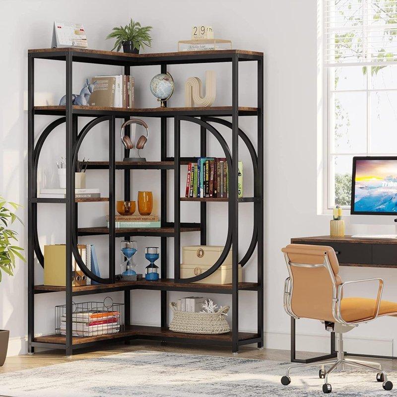 Kahverengi Ahşap ve Metal 7 Raflı L Şeklinde Köşe Kitaplık - 177x91x91 cm - 314006