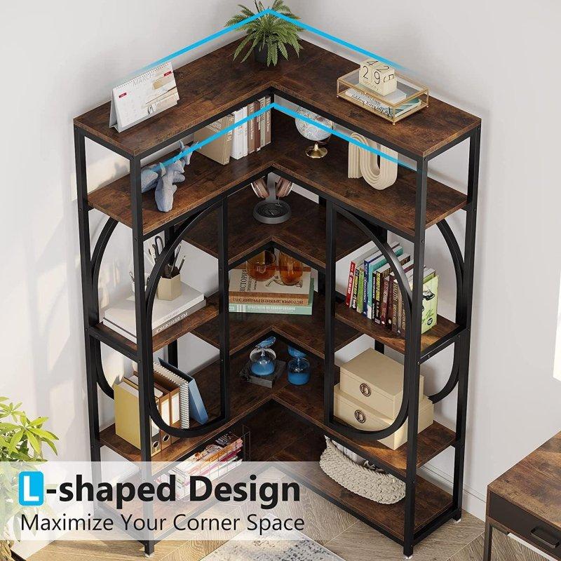 Kahverengi Ahşap ve Metal 7 Raflı L Şeklinde Köşe Kitaplık - 177x91x91 cm - 314006