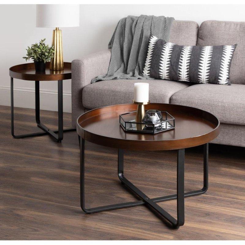 Kahverengi Ahşap ve Metal Çapraz Ayaklı Yuvarlak Orta Sehpa - 72 cm - 242471