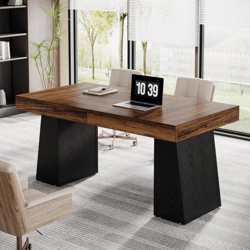 Kahverengi Ahşap ve Metal Çift Yamuk Ayaklı Modern Ofis Masası - 141 cm - 327117
