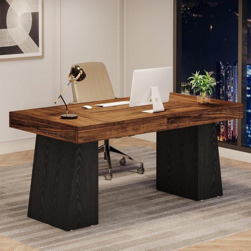 Kahverengi Ahşap ve Metal Çift Yamuk Ayaklı Modern Ofis Masası - 141 cm - 327117