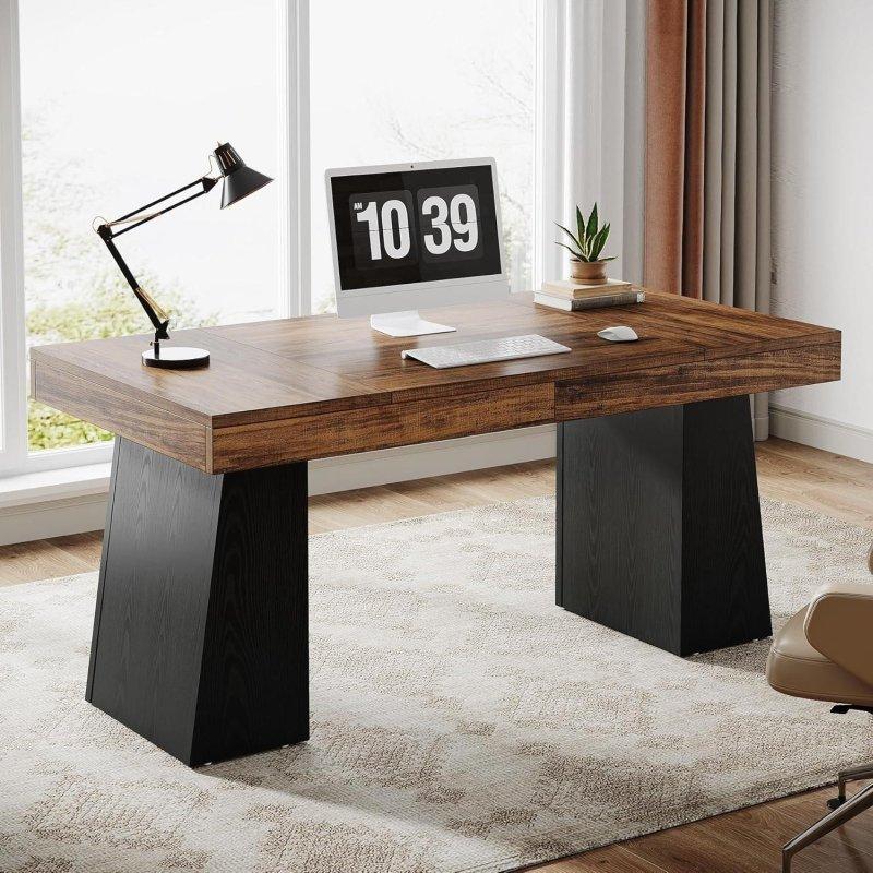 Kahverengi Ahşap ve Metal Çift Yamuk Ayaklı Modern Ofis Masası - 141 cm - 327117 Kahverengi Ahşap ve Metal Çift Yamuk Ayaklı Modern Ofis Masası - 141 cm - 327117
