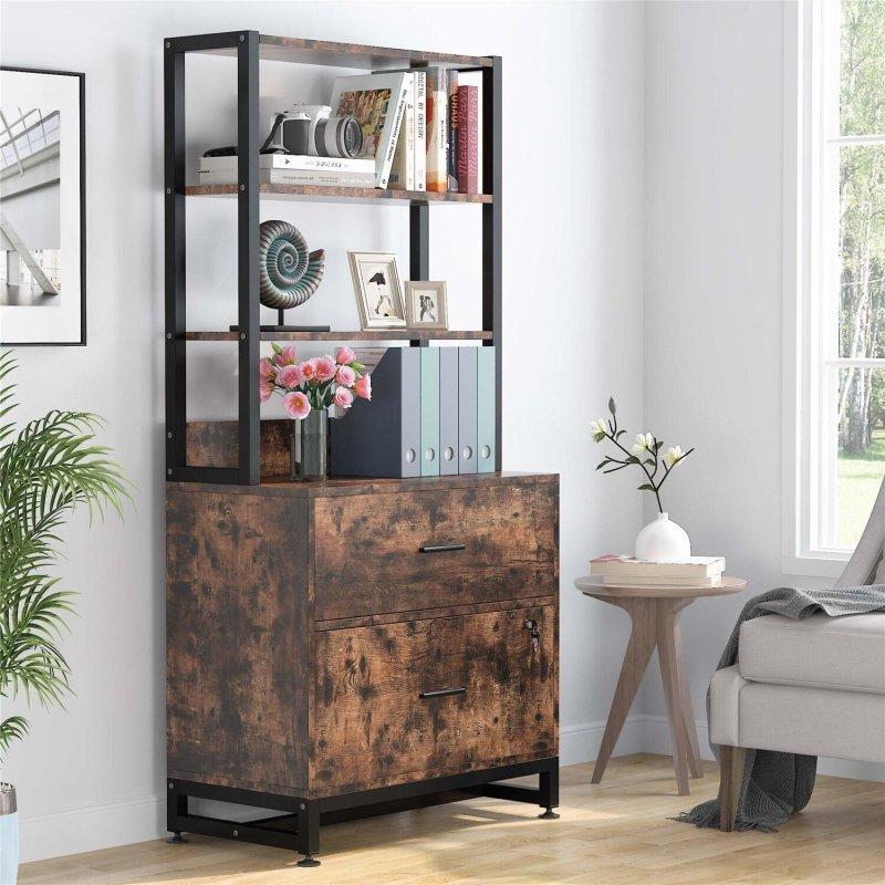 Kahverengi Ahşap ve Metal Kilitli Çekmeceli 3 Raflı Kitaplık - 75x40x157 cm - 312642