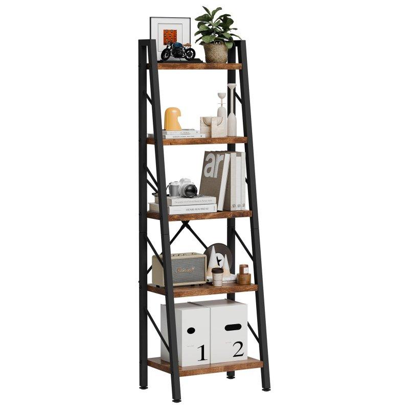 Kahverengi Ahşap ve Metal Kumaş Çekmeceli 5 Raflı Eğimli Kitaplık - 316484