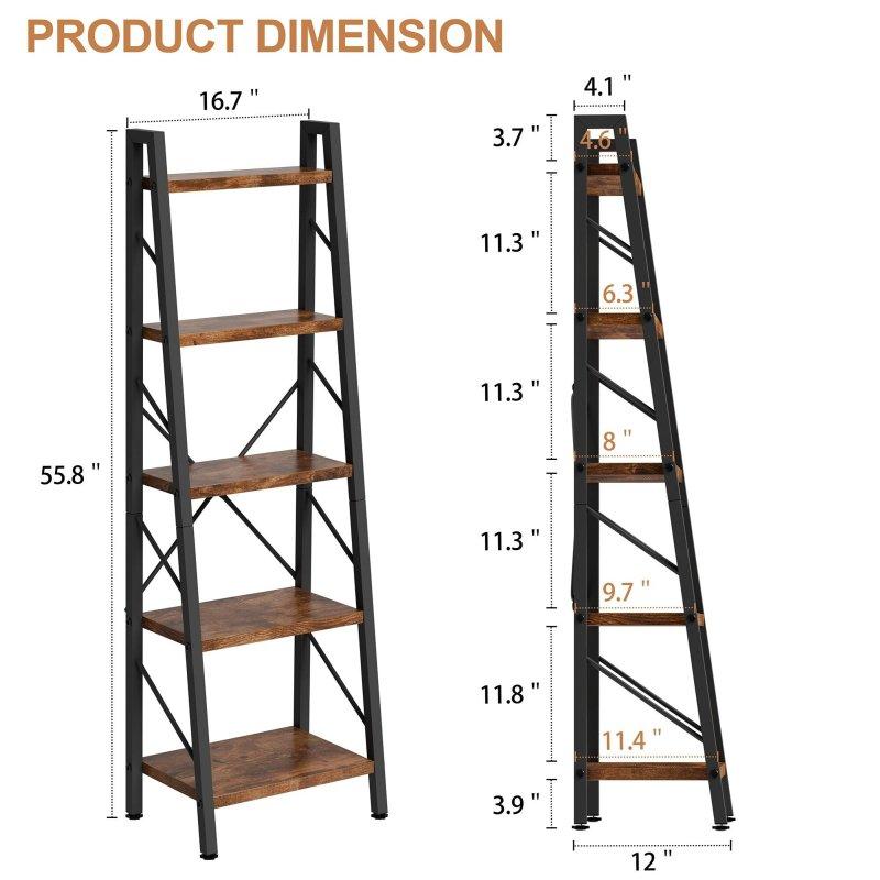 Kahverengi Ahşap ve Metal Kumaş Çekmeceli 5 Raflı Eğimli Kitaplık - 316484