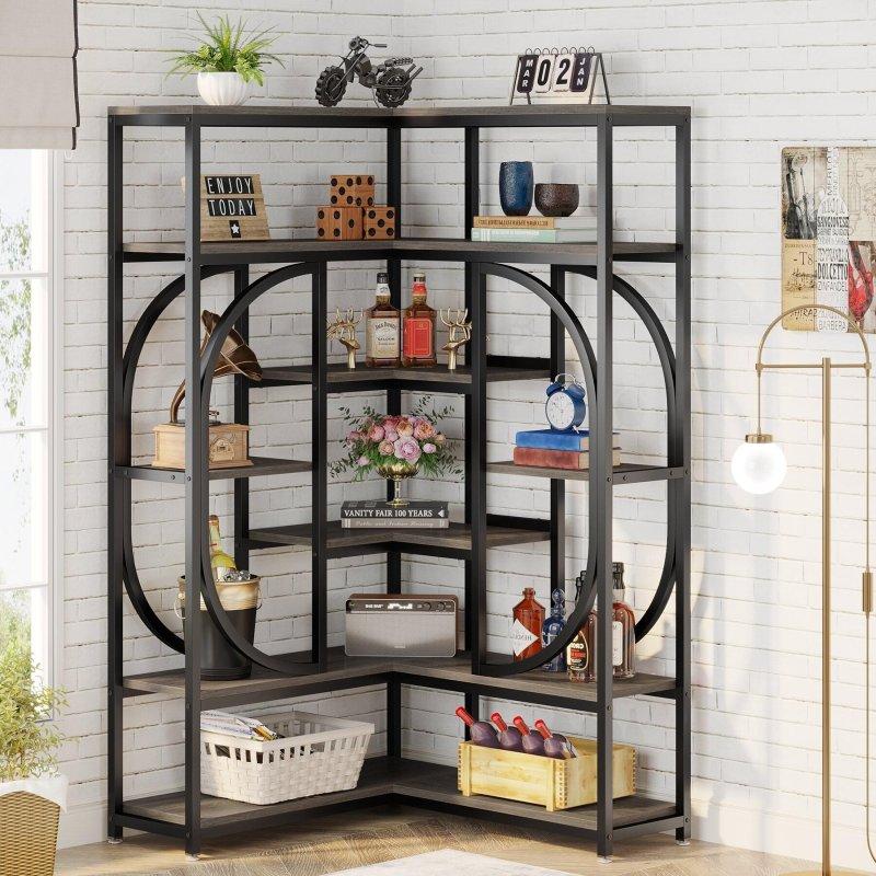 Kahverengi Ahşap ve Metal L Şekilli 7 Raflı Köşe Kitaplık - 176x90x91 cm - 320513