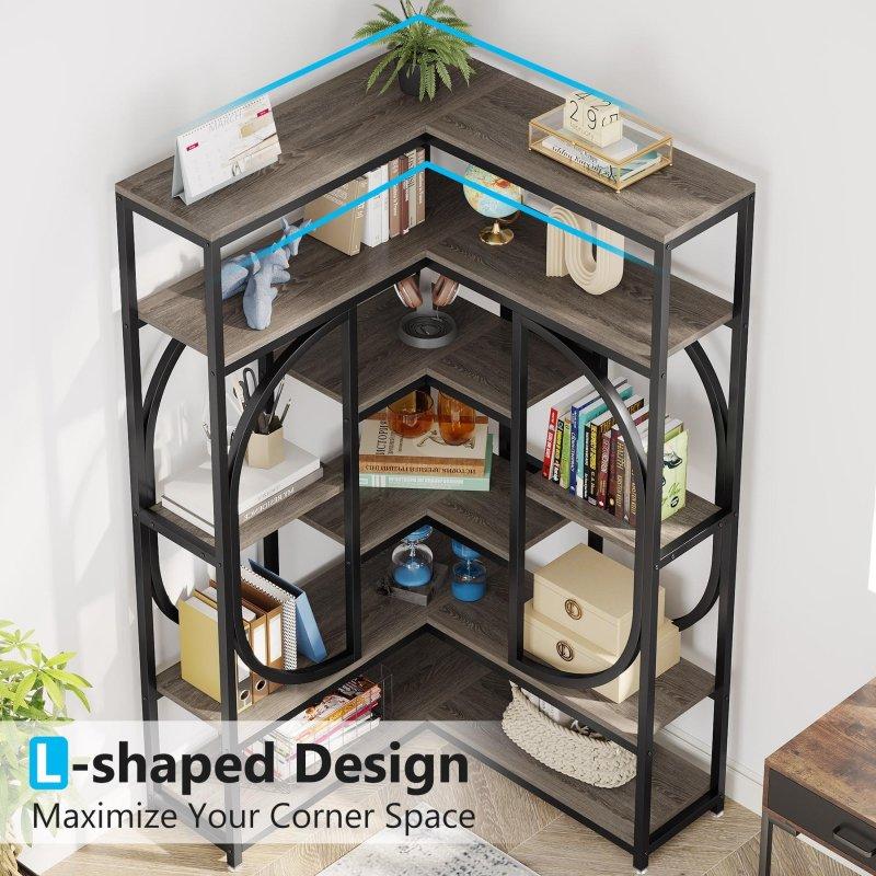 Kahverengi Ahşap ve Metal L Şekilli 7 Raflı Köşe Kitaplık - 176x90x91 cm - 320513