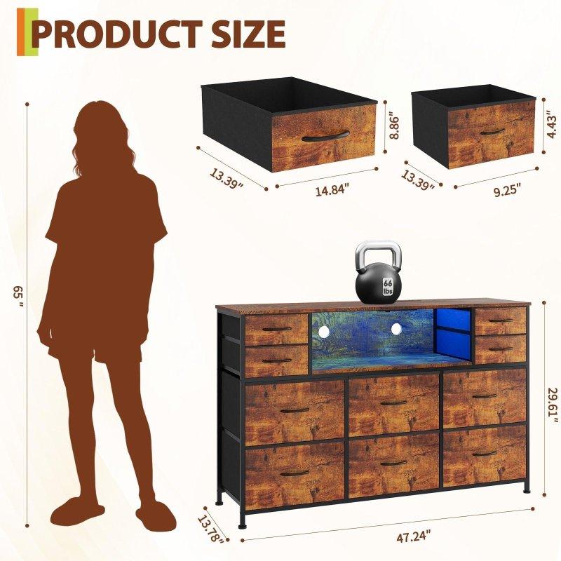 Kahverengi Ahşap ve Metal LED Işıklı Prizli 10 Kumaş Çekmeceli Şifonyer - 115 cm - 307139