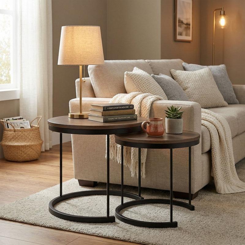 Kahverengi Ahşap ve Siyah Çelik 2li Zigon Yuvarlak Orta Sehpa - 60 cm - 245610