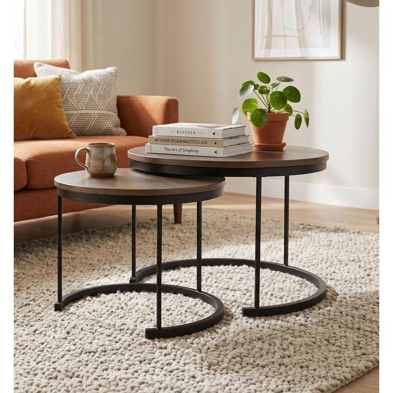 Kahverengi Ahşap ve Siyah Çelik 2li Zigon Yuvarlak Orta Sehpa - 60 cm - 245610
