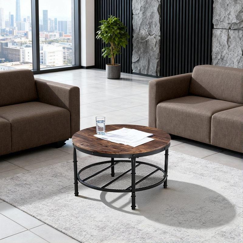 Kahverengi Ahşap ve Siyah Metal Çift Raflı Gümüş Desenli Yuvarlak Orta Sehpa - 78 cm - 243991