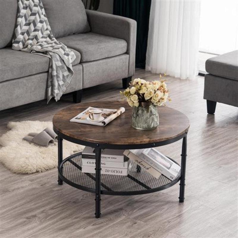 Kahverengi Ahşap ve Siyah Metal Çift Raflı Gümüş Desenli Yuvarlak Orta Sehpa - 78 cm - 243991