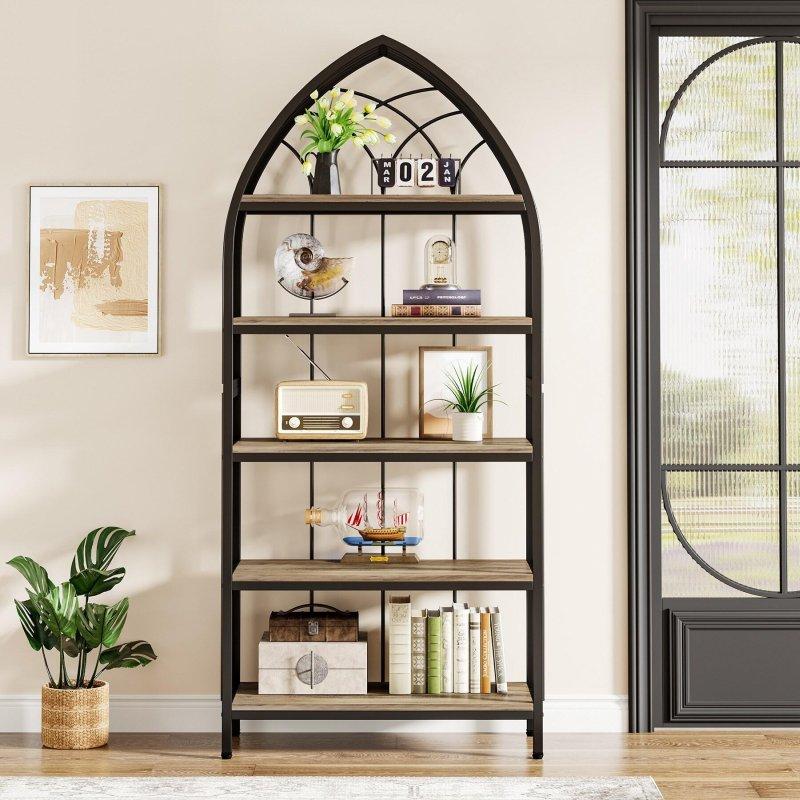 Kahverengi Ahşap ve Siyah Metal Kavisli Tasarımlı 5 Raflı Kitaplık - 190 cm - 313337