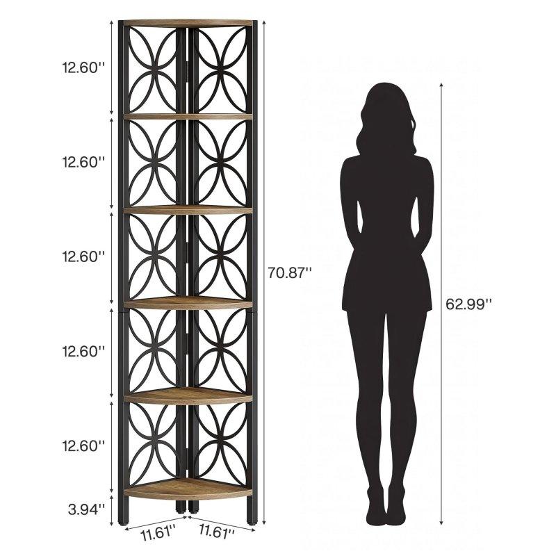 Kahverengi Ahşap ve Siyah Metal Rustik 6 Raflı Köşe Kitaplık - 180 cm - 319746