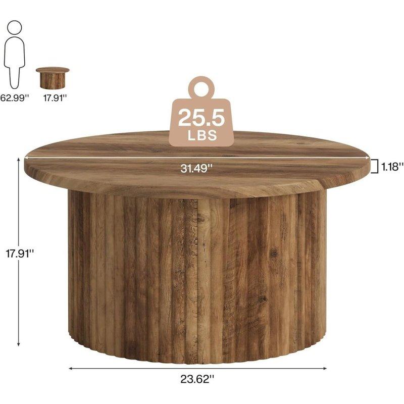 Kahverengi Ahşap Yivli Tambur Kaideli Yuvarlak Orta Sehpa - 80 cm - 240113