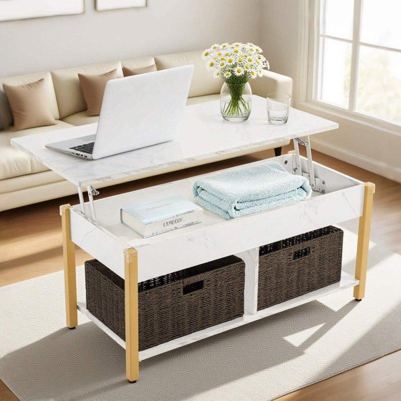 Kahverengi Ahşap Yükseltilebilir Tablalı Tekerlekli Rattan Sepetli Akıllı Sehpa - 105 cm - 254663