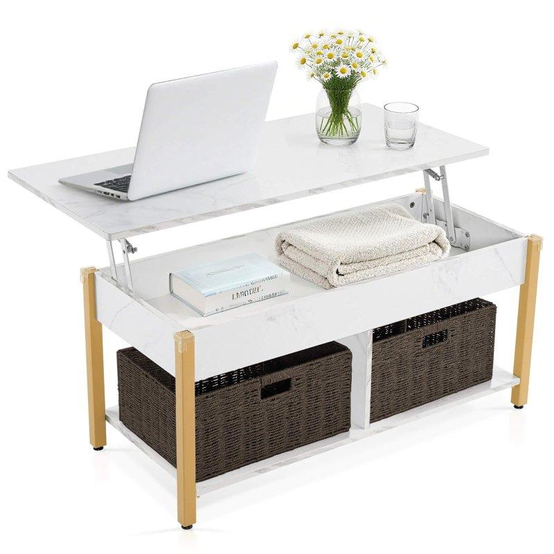 Kahverengi Ahşap Yükseltilebilir Tablalı Tekerlekli Rattan Sepetli Akıllı Sehpa - 105 cm - 254663