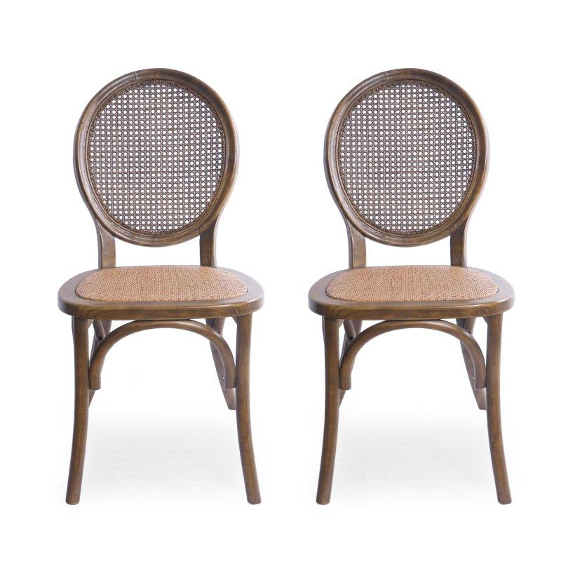 Kahverengi Ahşap Yuvarlak Sırtlı 2li Set Rattan Sandalye - 46x56x93 cm - 252945